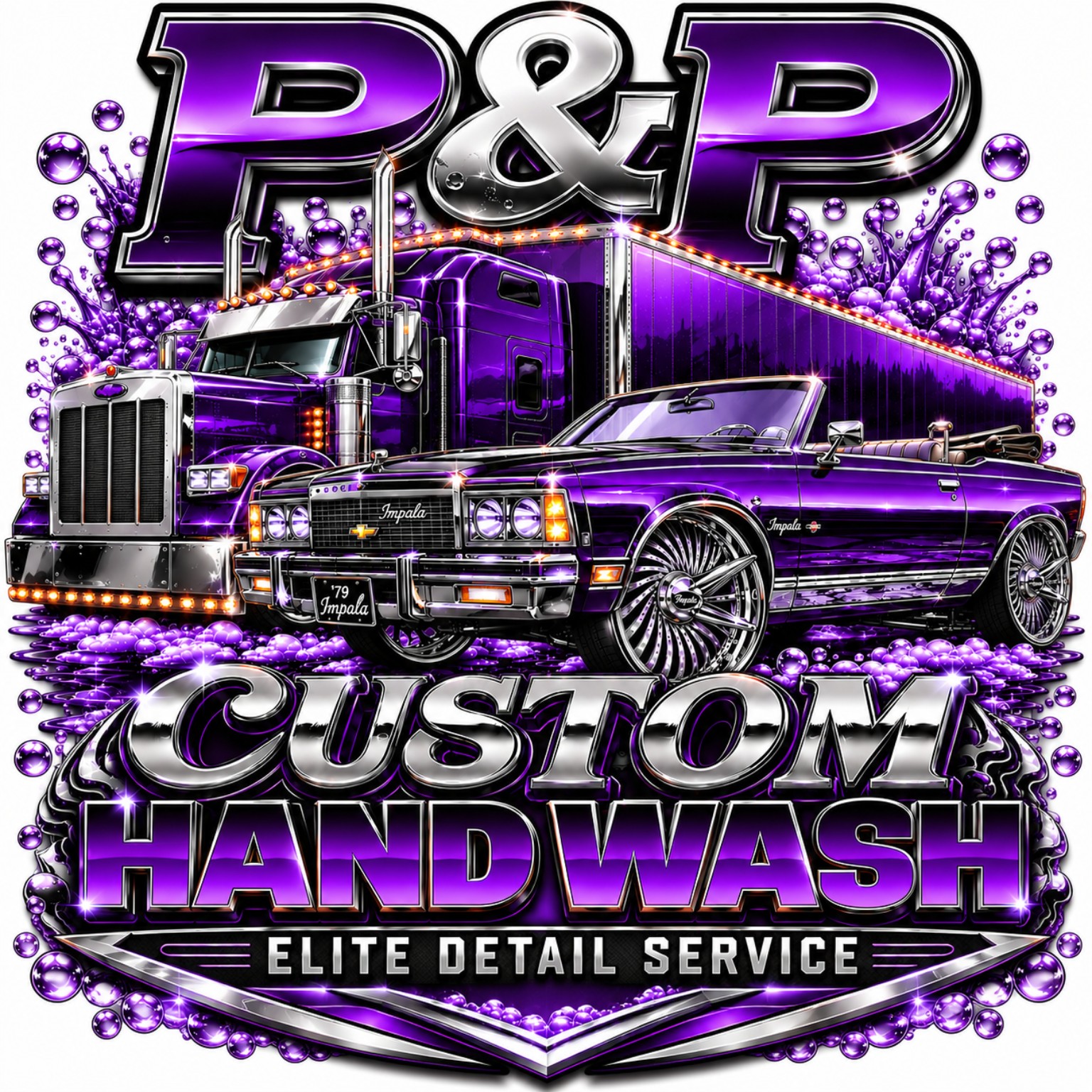 P&P Elite Detailing Services purple and chrome logo featuring vehicles
